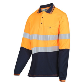 Workit Workwear Women'S Long Sleeve Poly Cotton Taped Polo Shirt - Orange/Navy