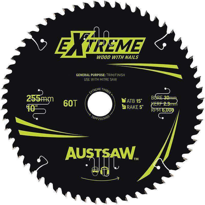Sheffield Austsaw Extreme Wood w/Nails Blade 255mm x 30/25.4 Bore Carded