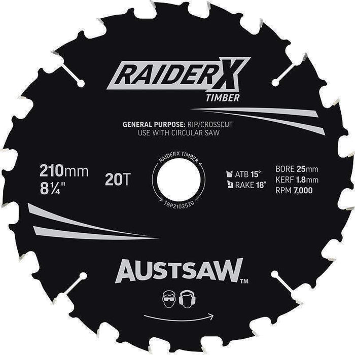 Sheffield Austsaw RaiderX Timber Blade 210mm x 25 Bore Carded