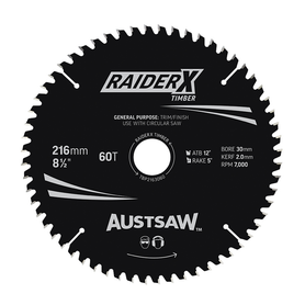 Sheffield Austsaw RaiderX Timber Blade 216mm x 30 Bore 60T Carded
