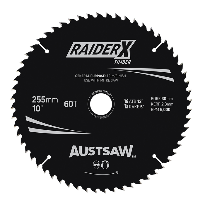 Sheffield Austsaw RaiderX Timber Blade 255mm x 30 Bore 6000 RPM Carded