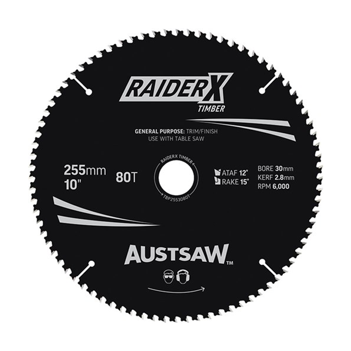 Sheffield Austsaw RaiderX Timber Blade 255mm x 30 Bore 6000 RPM Carded