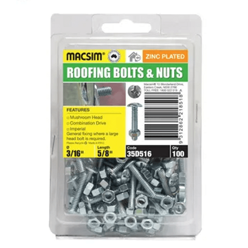 Macsim 1/4" Imperial Zinc Plated Mushroom Roofing Bolt & Nut Blister Pack (50)